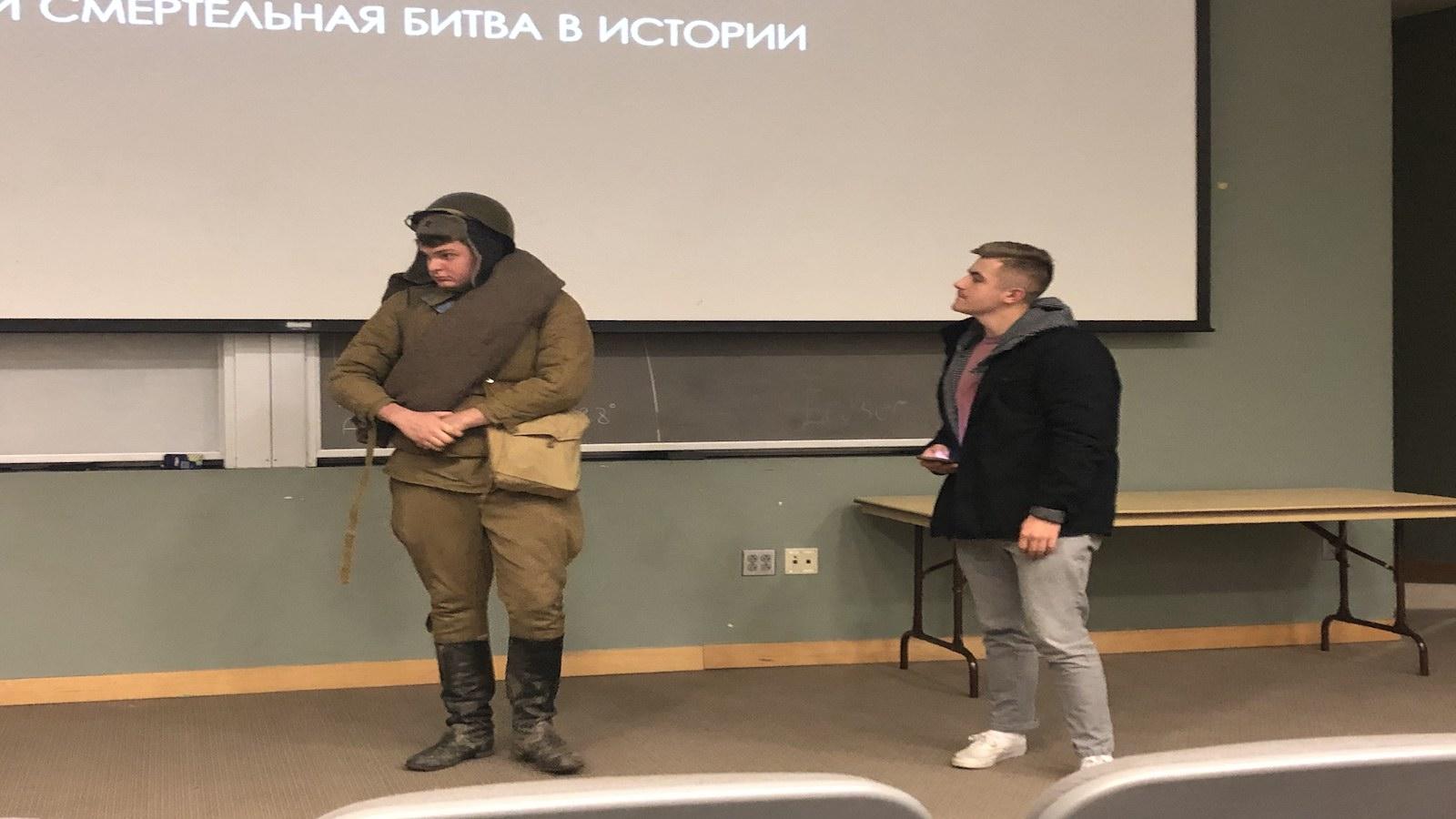 Students from Anna Zaitseva's Russian 2104 class describe what a Soviet soldier wore during World War II
