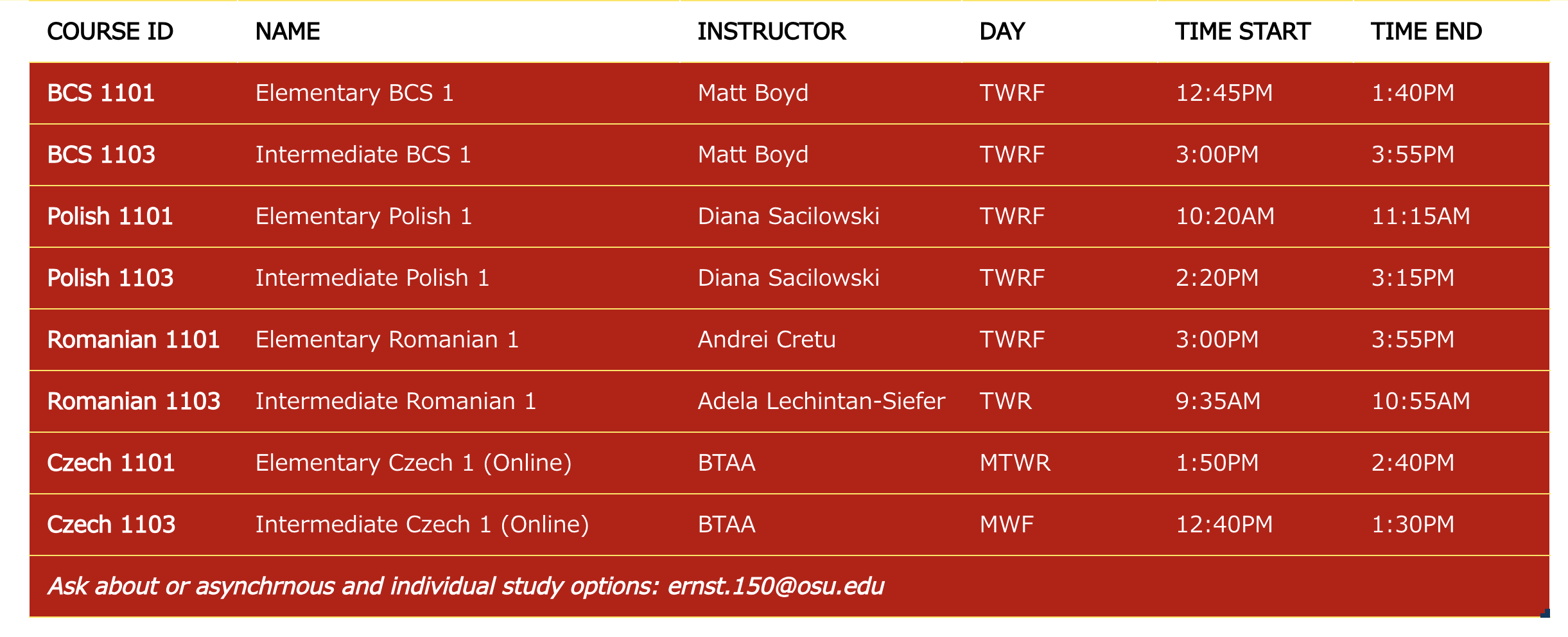 slavic language schedule