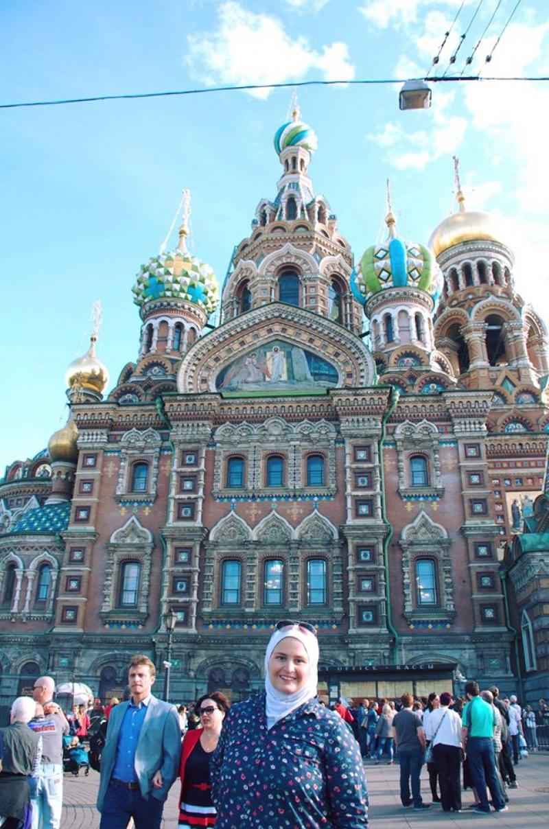 In front of Savior on Blood Cathedral in St. Petersburg, Russia
