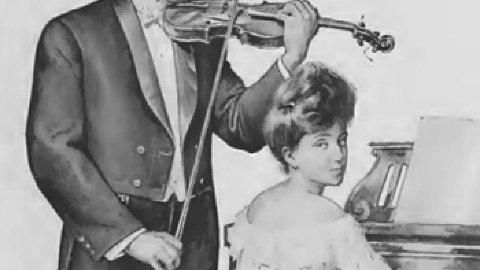 drawing of a man playing violin and woman playing piano