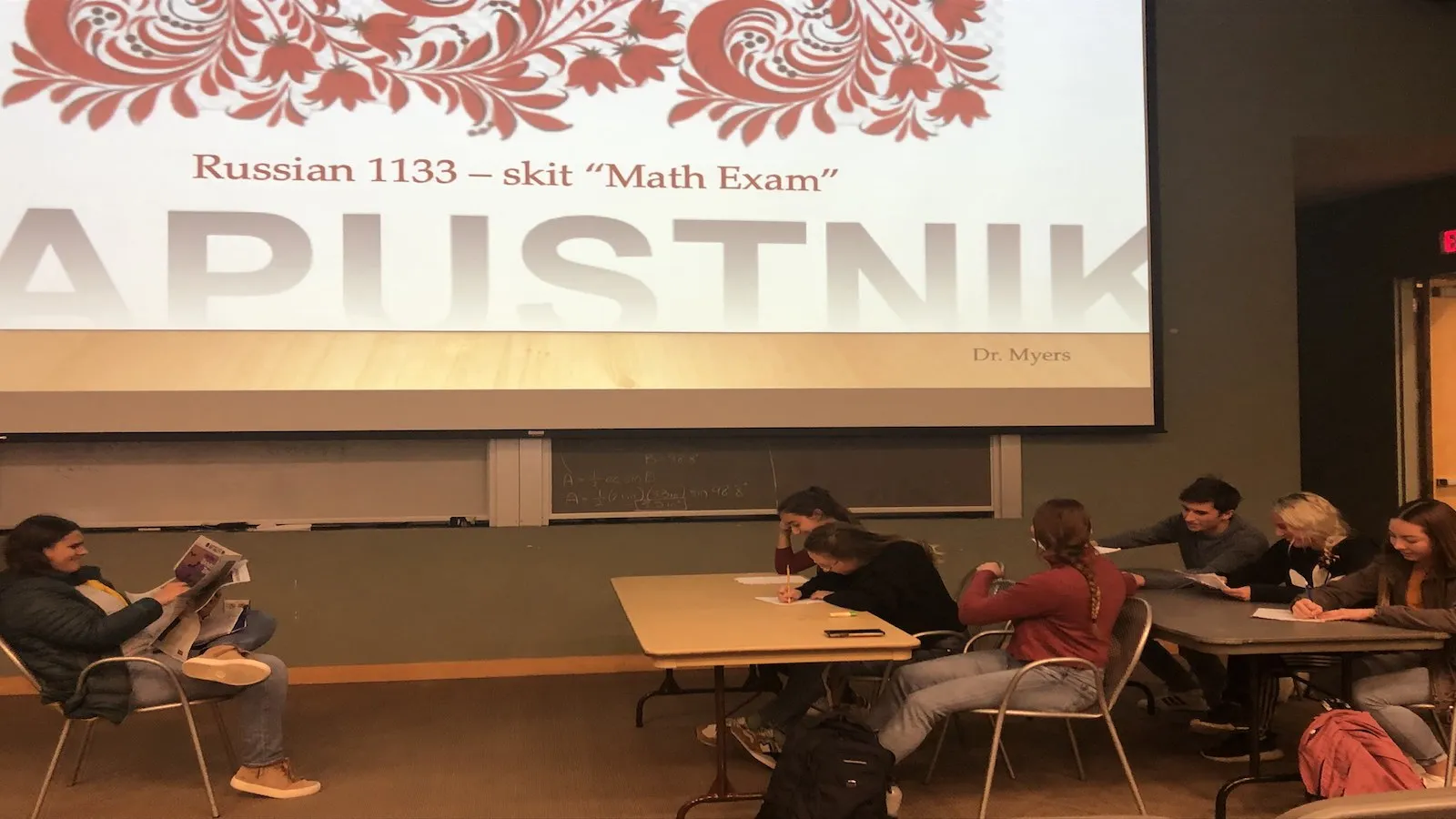 Dr. Myers' Russian 1133 class performs a skit about what not to do during a math quiz