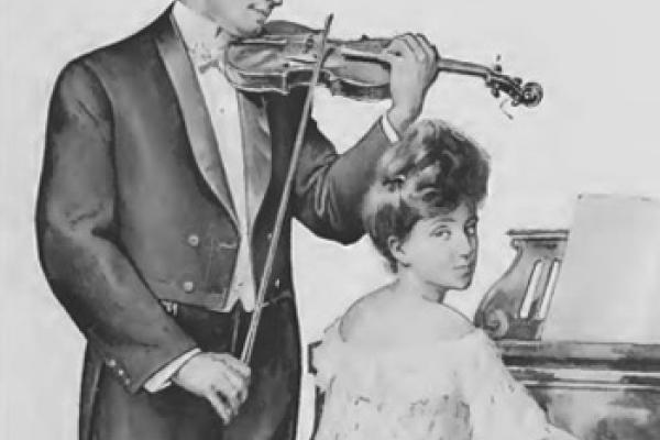 drawing of a man playing violin and woman playing piano