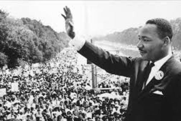 Photograph of Martin Luther King Jr. giving speech at the Washington Monument 